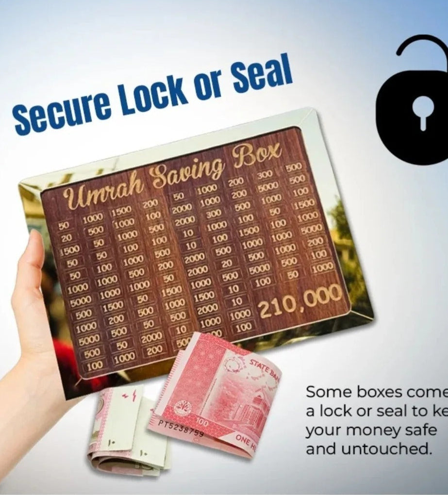 Wooden Umrah Saving Box – Premium 210,000 Goal Money Box